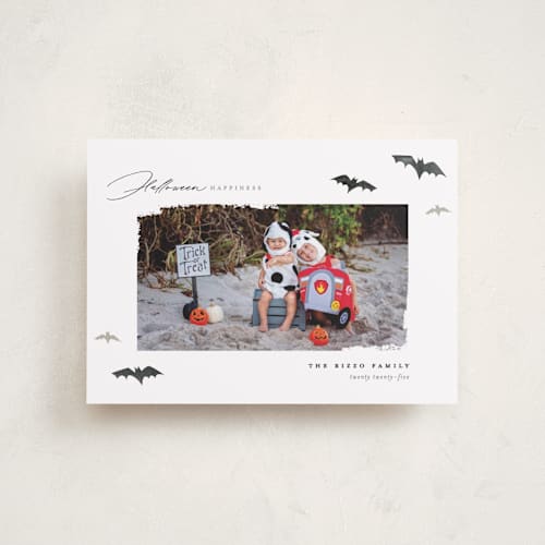 This is a licorice halloween party invitations cards with standard by Pixel and Hank called halloween happiness printing on recycled smooth signature in petite