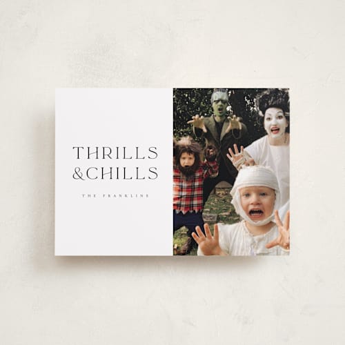 This is a ghost halloween party invitations cards with standard by Angela Garrick called thrills and chills printing on recycled smooth signature in petite