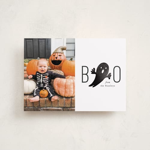 This is a ghostly halloween party invitations cards with standard by Mansi Verma called boo from us printing on recycled smooth signature in petite