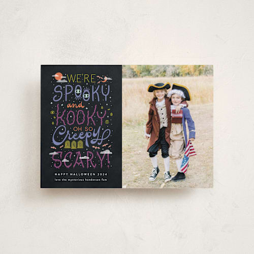 This is a ghoulish halloween party invitations cards with standard by Ashley DeMeyere called spooky kooky creepy scary printing on recycled smooth signature in petite