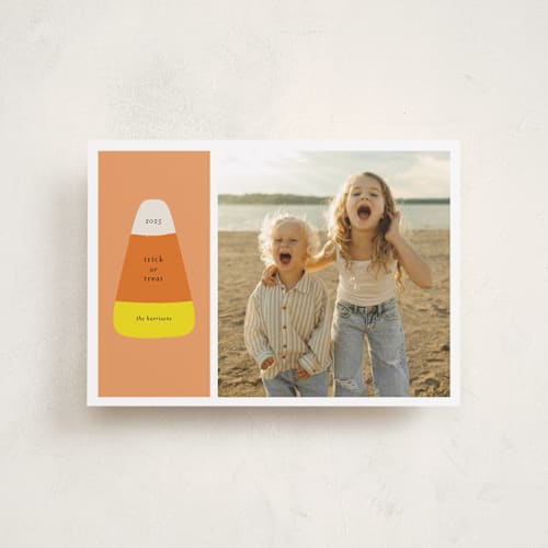 This is a jack o' lantern halloween party invitations cards with standard by Alexandra Cohn called candy corn printing on recycled smooth signature in petite