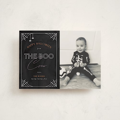 This is a spider halloween party invitations cards with standard by Pixel and Hank called boo crew printing on recycled smooth signature in petite