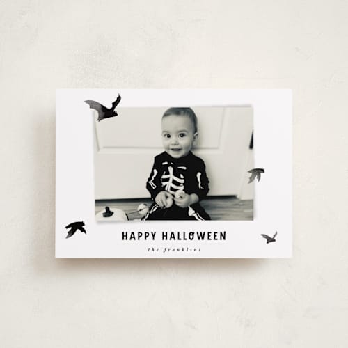 This is a midnight halloween party invitations cards by Angela Garrick called batty printing on recycled smooth signature in petite