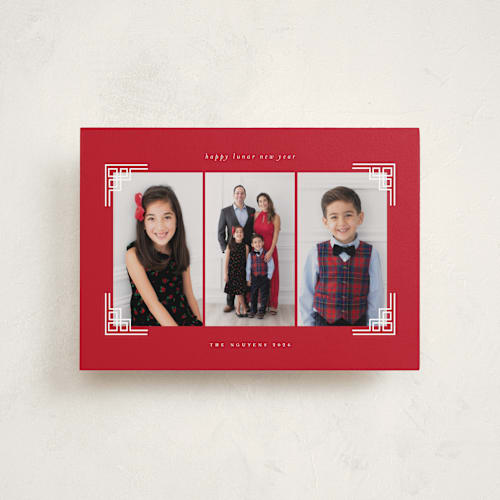 This is a crimson chinese new year cards with standard by Sejal Banker called gilded corners printing on recycled smooth signature in petite