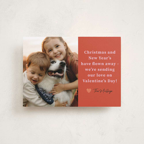 This is a persimmon valentines day with standard by Deborah Chou called flown away printing on recycled smooth signature in petite
