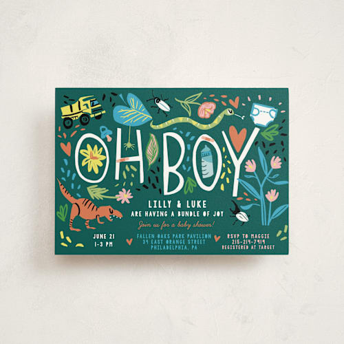 This is a emerald baby shower postcards with standard by Michelle Shanaman called oh boy! printing on signature in postcard