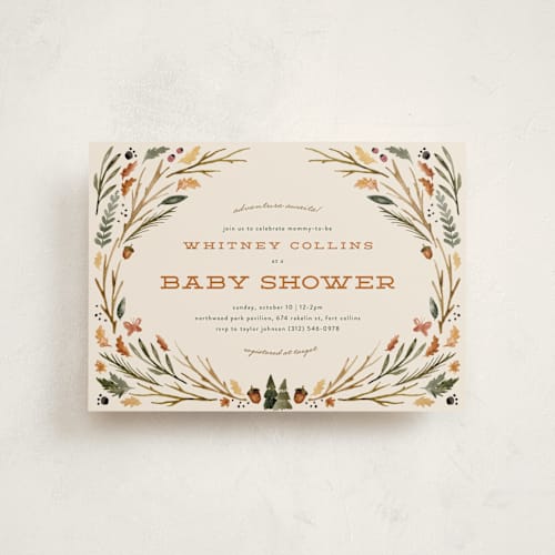 This is a butternut baby shower postcards with standard by Kate Ahn called woodland watercolor printing on signature in postcard