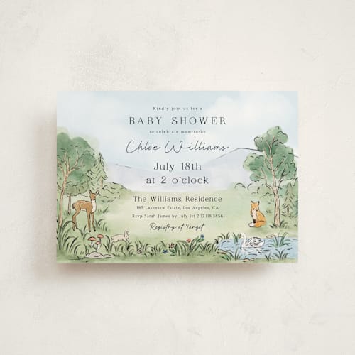 This is a forest baby shower postcards with standard by Elly called a woodland adventure printing on signature in postcard