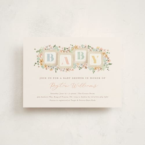This is a honey baby shower postcards with standard by Jennifer Wick called petite baby blocks printing on signature in postcard
