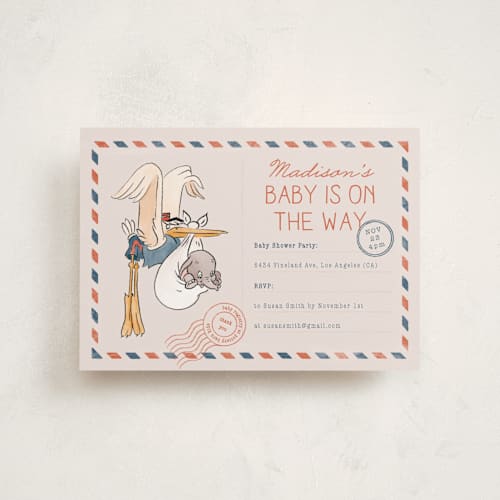 This is a navy baby shower postcards with standard by Claudia Orengo called disney's dumbo stork baby on the way printing on signature in postcard