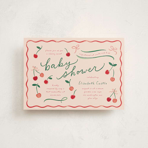 This is a cherry pie baby shower postcards with standard by Erin German called cherry sweet printing on signature in postcard