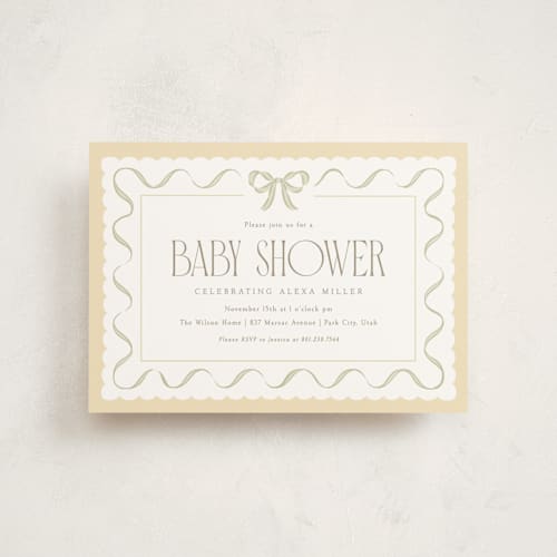 This is a lemon baby shower postcards with standard by Robert and Stella called ribbon toss printing on signature in postcard