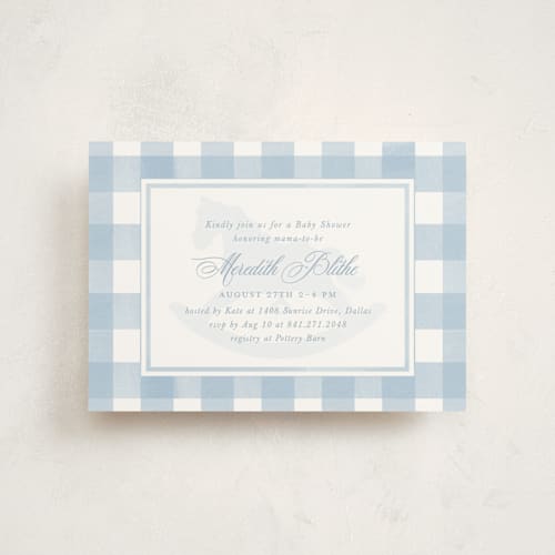 This is a sky baby shower postcards with standard by Melinda Denison called classic gingham printing on signature in postcard