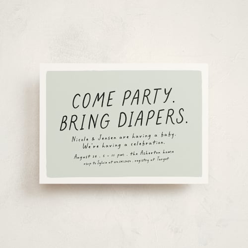 This is a mint baby shower postcards with standard by Lea Delaveris called bring diapers printing on signature in postcard