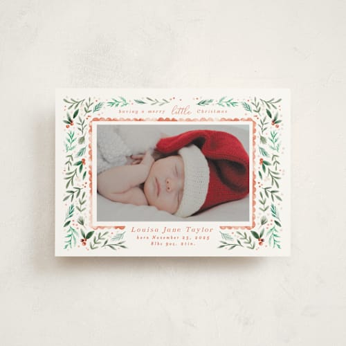 This is a tangerine babys first christmas with standard by Alethea and Ruth called merry little christmas greenery printing on signature in postcard