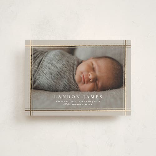 This is a clay foil stamped birth announcements with foil pressed by Robert and Stella called knit printing on signature in petite