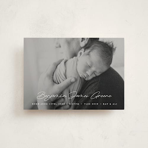 This is a snow petite birth announcements with standard by Bethan called handwriting printing on signature in petite