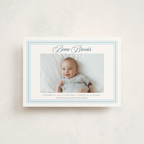 This is a baby blue petite birth announcements with standard by Alston Foster called little darling printing on signature in petite