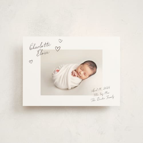 This is a sand petite birth announcements with standard by Pixel and Hank called written printing on signature in petite
