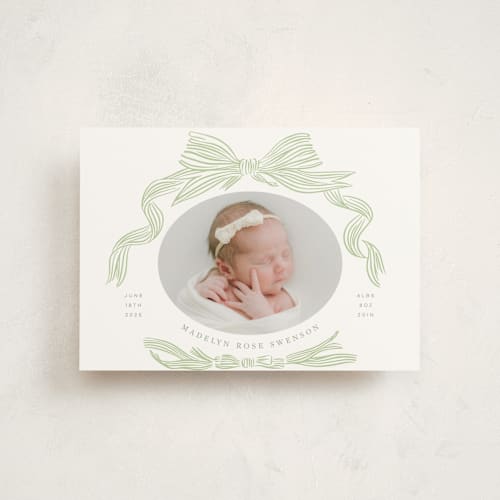 This is a mint petite birth announcements with standard by Stephanie Hawkes called ribbon bow frame printing on signature in petite