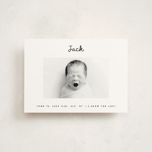 This is a snow petite birth announcements with standard by AK Graphics called cursive printing on signature in petite