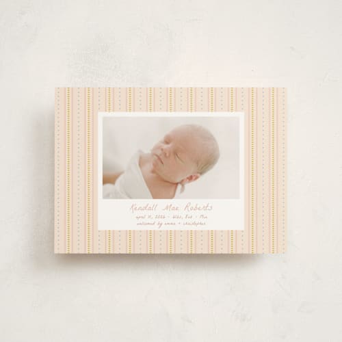 This is a blush petite birth announcements with standard by Ellen Schlegelmilch called patterned stripes printing on signature in petite