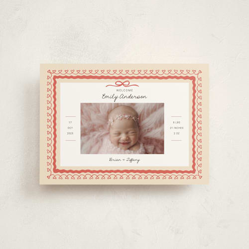 This is a latte petite birth announcements with standard by Kartika Paramita called vintage love bow printing on signature in petite