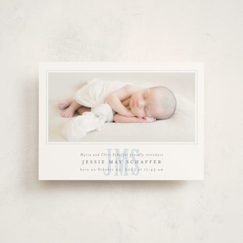 This is a sky birth announcement postcards with standard by Erin Hodges called classic monogram printing on signature in postcard