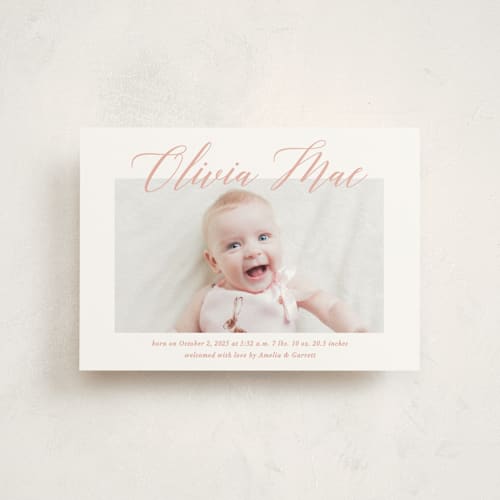 This is a sweet pea birth announcement postcards with standard by Jennifer Postorino called sweet script printing on signature in postcard