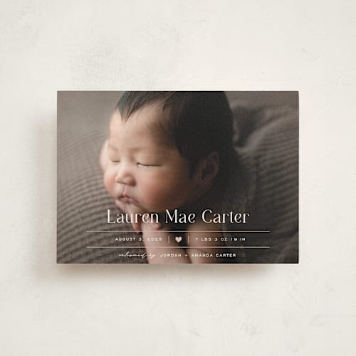 This is a blush birth announcement postcards with standard by Pixel and Hank called heart printing on signature in postcard