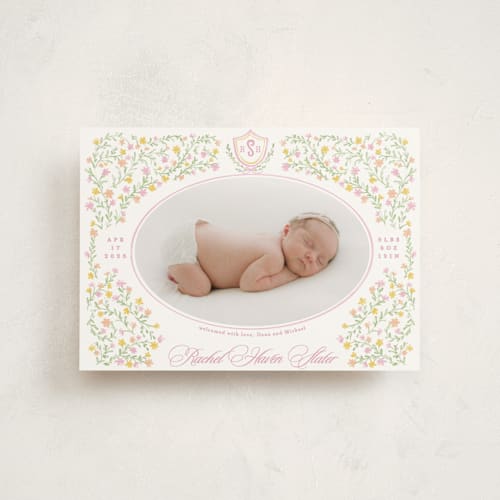 This is a cotton candy birth announcement postcards with standard by Creo Study called cottagecore printing on signature in postcard