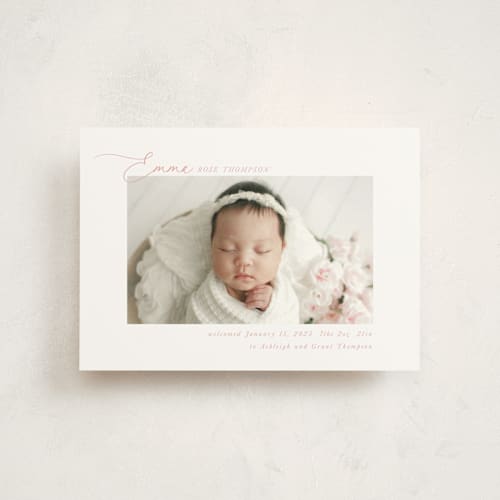 This is a rose birth announcement postcards with standard by Jenna Holcomb called sweetest printing on signature in postcard
