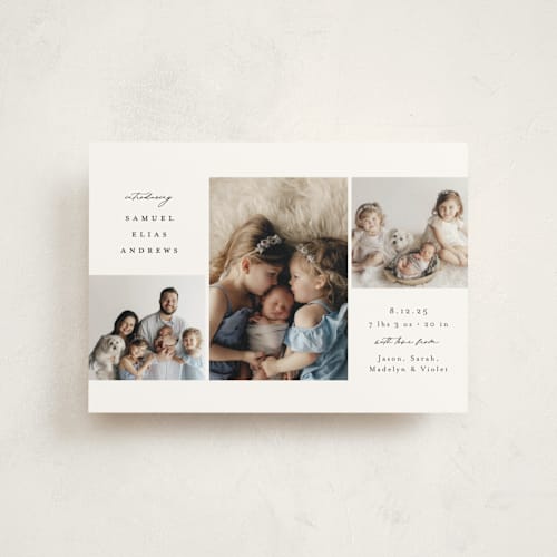 This is a noir birth announcement postcards with standard by Emily Betts called three printing on signature in postcard