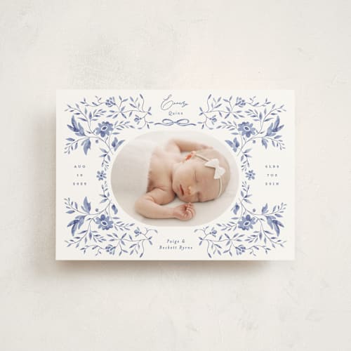 This is a bluebird birth announcement postcards with standard by Susan Zinader called daisy toile printing on signature in postcard
