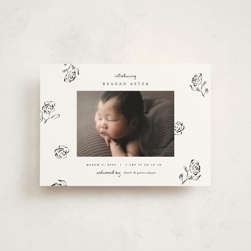 This is a lily of the valley birth announcement postcards with standard by Pixel and Hank called the flora printing on signature in postcard