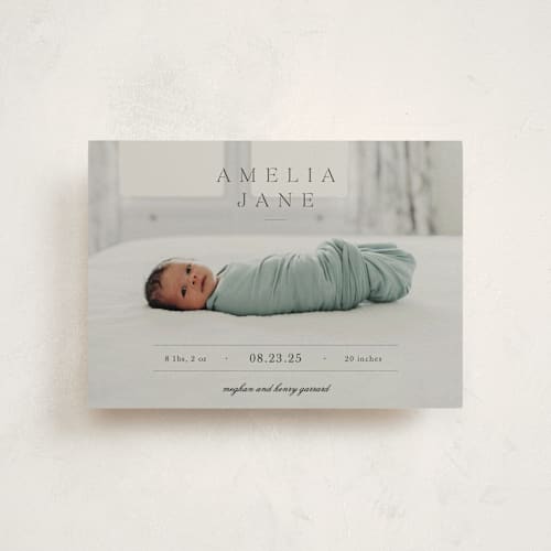 This is a fog birth announcement postcards with standard by Sara Hicks Malone called vintage printing on signature in postcard