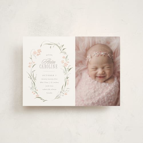 This is a sweet pea birth announcement postcards with standard by Erin L. Wilson called dottie printing on signature in postcard