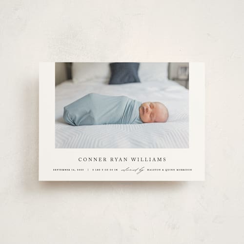 This is a onyx birth announcement postcards with standard by Pixel and Hank called dreamer printing on signature in postcard