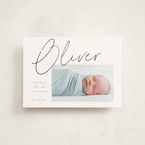 This is a noir birth announcement postcards with standard by AK Graphics called simply printing on signature in postcard