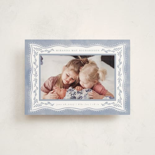 This is a cornflower birth announcement postcards with standard by Chris Griffith called baby frame printing on signature in postcard
