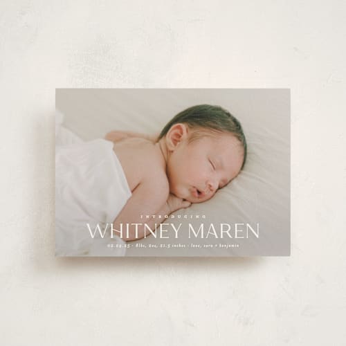 This is a cloud birth announcement postcards with standard by Carolyn MacLaren called baby classic printing on signature in postcard