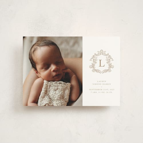 This is a fawn birth announcement postcards with standard by mo kelley called crested printing on signature in postcard