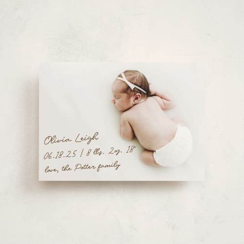This is a bark birth announcement postcards with standard by AK Graphics called signed with love printing on signature in postcard