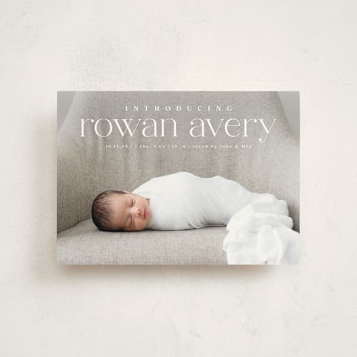 This is a cotton birth announcement postcards with standard by Olivia Raufman called exemplary printing on signature in postcard