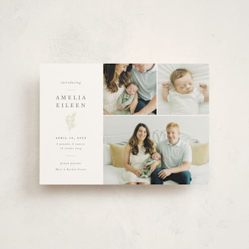 This is a sage birth announcement postcards with standard by Sarah Brown called tiny sprig printing on signature in postcard