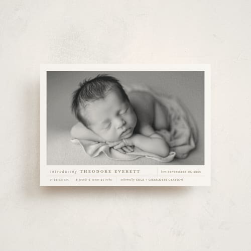 This is a sand birth announcement postcards with standard by Alexandra Cohn called modern grid printing on signature in postcard