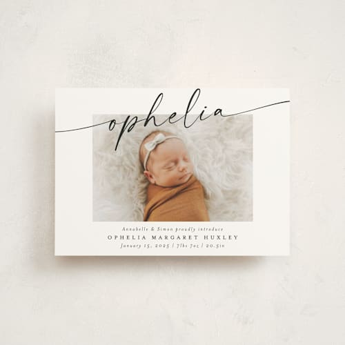 This is a coal birth announcement postcards with standard by Meggy Masters called signature name printing on signature in postcard