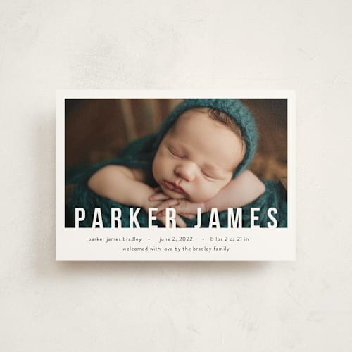 This is a cloud birth announcement postcards with standard by Wonderment Paper Co. called bold overlay printing on signature in postcard