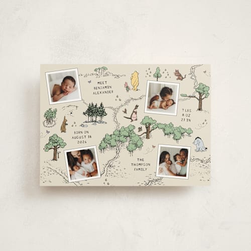 This is a natural birth announcement postcards with standard by Heather Schertzer called hundred acre wood printing on signature in postcard