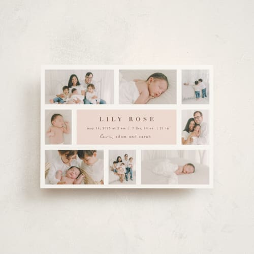 This is a blush birth announcement postcards with standard by Maria Alou called family album printing on signature in postcard